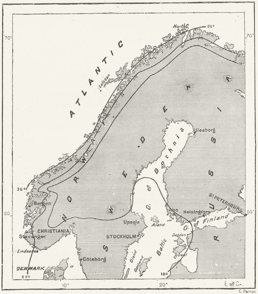 SCANDINAVIA. Thermic Isabnormals Mohn, sketch map c1885 old antique chart